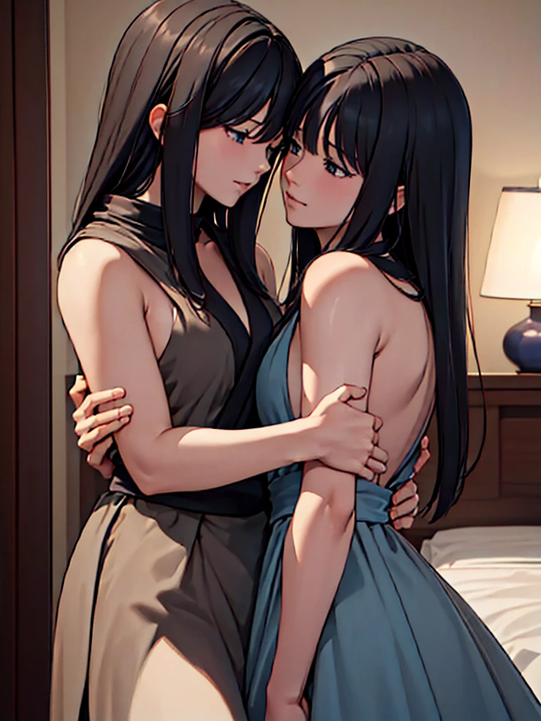 (​masterpiece、top-quality、hight resolution、Unity 8k、extremely details CG:1,Best Picture), Imagine two women embracing as lovers. The scene should convey affection and intimacy, with both characters showing expressions of comfort and happiness. The background is a private hotel room.