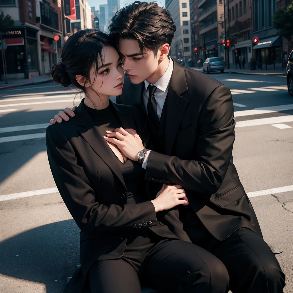 1boy 1girl cuddeling each other,18+ position, brown eyes, wearing all black suit together, close up, city, absurdres, high res, ultrasharp, 8K, masterpiece, looking at each other