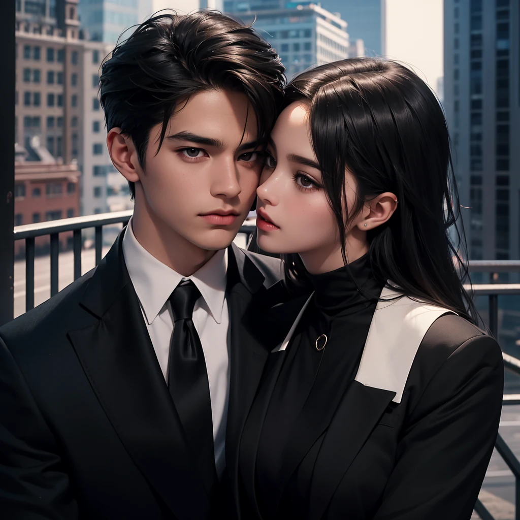 1boy 1girl cuddeling each other,18+ position, brown eyes, wearing all black suit together, close up, city, absurdres, high res, ultrasharp, 8K, masterpiece, looking at each other