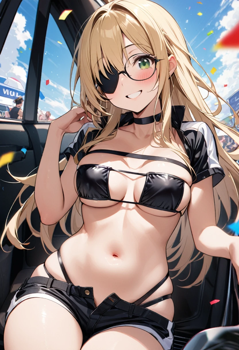 1 girl、solo、Long Hair、chest、Staring at the audience、blush、smile、Blonde Hair、大きなchest、belly button、chestの谷間、Sitting、Close your mouth、Green Eyes、Swimwear、Short sleeve、No eyepatch、Eyepatch bikini、Thighs、Outdoor、Open clothes、null、Glasses、Shorts、choker、noon、cloud、stomach、青null、Shorts、Underbust、(黒Eyepatch bikini)、High leg、黒choker、黒Shorts、Hair Intake、地上car両、自動car、car、Open Fly、Confetti、眼帯High legビキニ、Micro Shorts、Race Queen