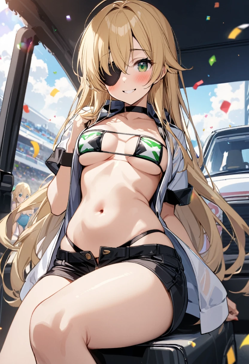 1 girl、solo、Long Hair、chest、Staring at the audience、blush、smile、Blonde Hair、大きなchest、belly button、chestの谷間、Sitting、Close your mouth、Green Eyes、Swimwear、Short sleeve、No eyepatch、Eyepatch bikini、Thighs、Outdoor、Open clothes、null、Glasses、Shorts、choker、noon、cloud、stomach、青null、Shorts、Underbust、(黒Eyepatch bikini)、High leg、黒choker、黒Shorts、Hair Intake、地上car両、自動car、car、Open Fly、Confetti、眼帯High legビキニ、Micro Shorts、Race Queen