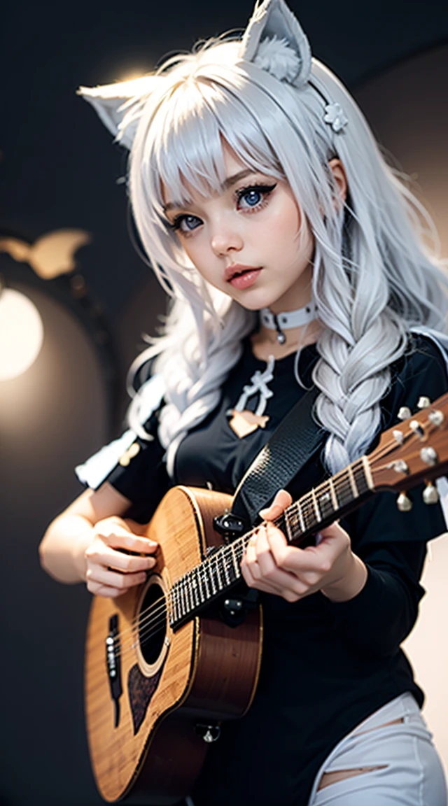 Playing Acoustic Guitar　Cute Girl　Cat ear girl　Angel　wing　Space Background　Japanese