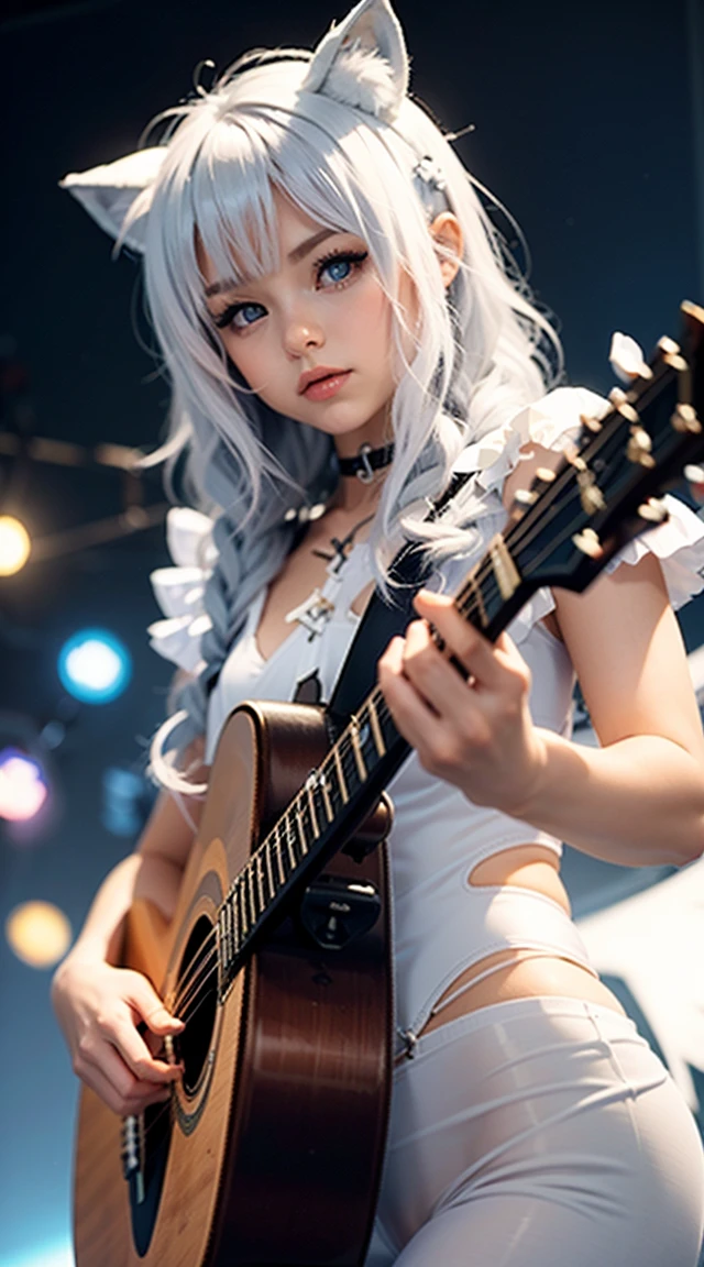 Playing Acoustic Guitar　Cute Girl　Cat ear girl　Angel　wing　Space Background　Japanese