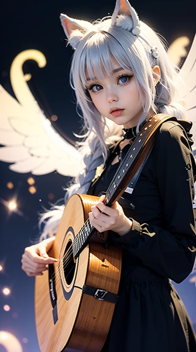 Playing Acoustic Guitar　Cute Girl　Cat ear girl　Angel　wing　Space Background　Japanese