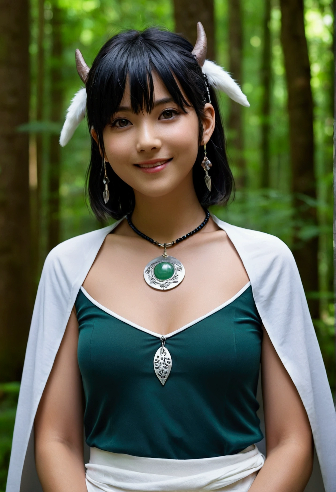 mj3d style, 3dmm, 3d, masterpiece, best quality, ghibli style, san mononoke hime, a beautiful girl, godness smile, armlet, bangs, black hair, smile sensual, slim black under tini shirt, best breasts, cape, circlet, earrings, facepaint, floating hair, forest, fur cape, green eyes, jewelry, looking at viewer, sexy medium breasts, nature, necklace, outdoors, parted bangs, shirt, short hair, sleeveless, sleeveless shirt, solo, tooth necklace, tree, upper body, mix blue white shirt, UHD, 8K