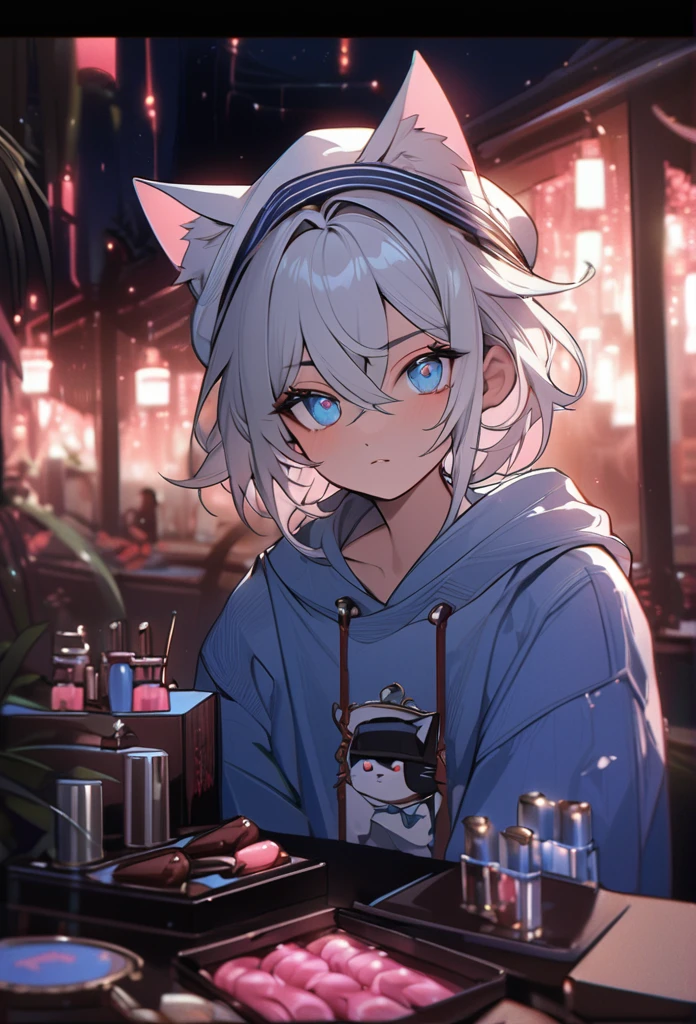 (best qualityer) ((work of art)) 4K Full HD (Aesthetic), a boy, Cao Cao, slim, Short and Straight White Hair, sapphire eyes, He wears a white cap with horizontal blue stripes and cat ears., light blue sweatshirt, cute details, Fundo Pink Suave Com Doces "lollipops, bullets, Chocolate", looking at the camera, lights, Single Male, Pink, violent look, striking eyes, Soft Filter, digitl art.