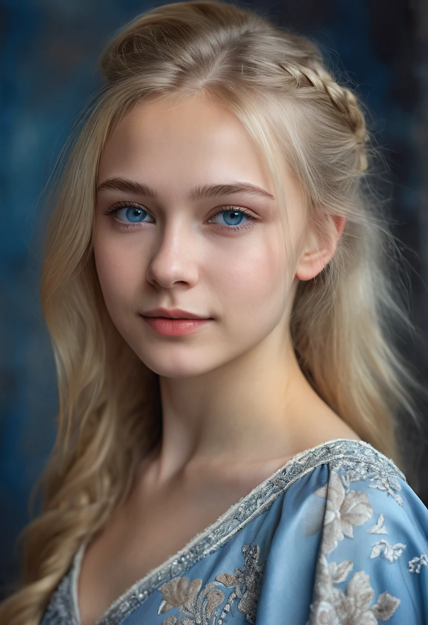 Side pose Portrait of a russian beautiful teenager, small breasts, intricate dress, soft smile, natural lips, long blonde hair with shaved sides , blue-grey eyes, realism, digital painting, concept art, smooth, sharp focus, rule of thirds, Style-Psycho