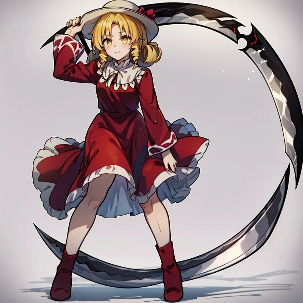 a drawing of an anime character in a red dress and boots with a large scythe, ((high end)), (UHD picture), (best quality,4k,8k,highres,masterpiece:1.2), top-quality(​masterpiece), top-quality, ultra-detailed, highly detailed texture, intricate details, high quality textures, masterpiece, best quality, perfect quality, perfect anatomy, perfect body, perfect symmetrical face, 1 beautiful girl, 1 girl, alone, solo, 10 years old, (((****))), ((childish)), hat, white hat, blonde hair, long hair, parted bangs, drill hair, well-formed face, yellow eyes, maxi dress, red dress, dress, long sleeves, frills, long skirt, simple background, scythe, holding scythe, holding, white socks, smile, cute face, beautiful, holding scythe