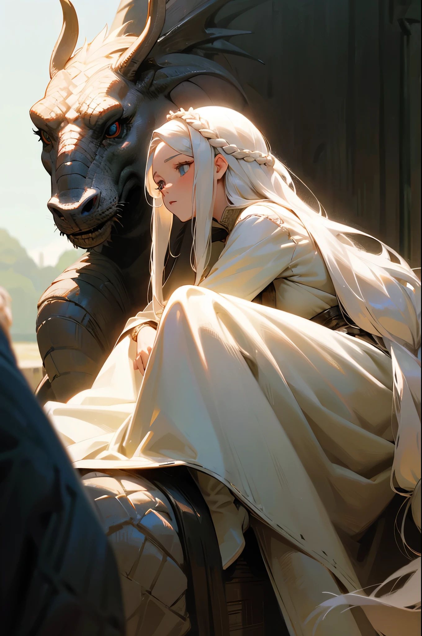 Woman with white long hair, natural white hair,braided hair, detailed hairstyle, hair accessories, long hair, complicated hairstyle, front view, medieval woman, game of thrones style, queen, dragon queen
