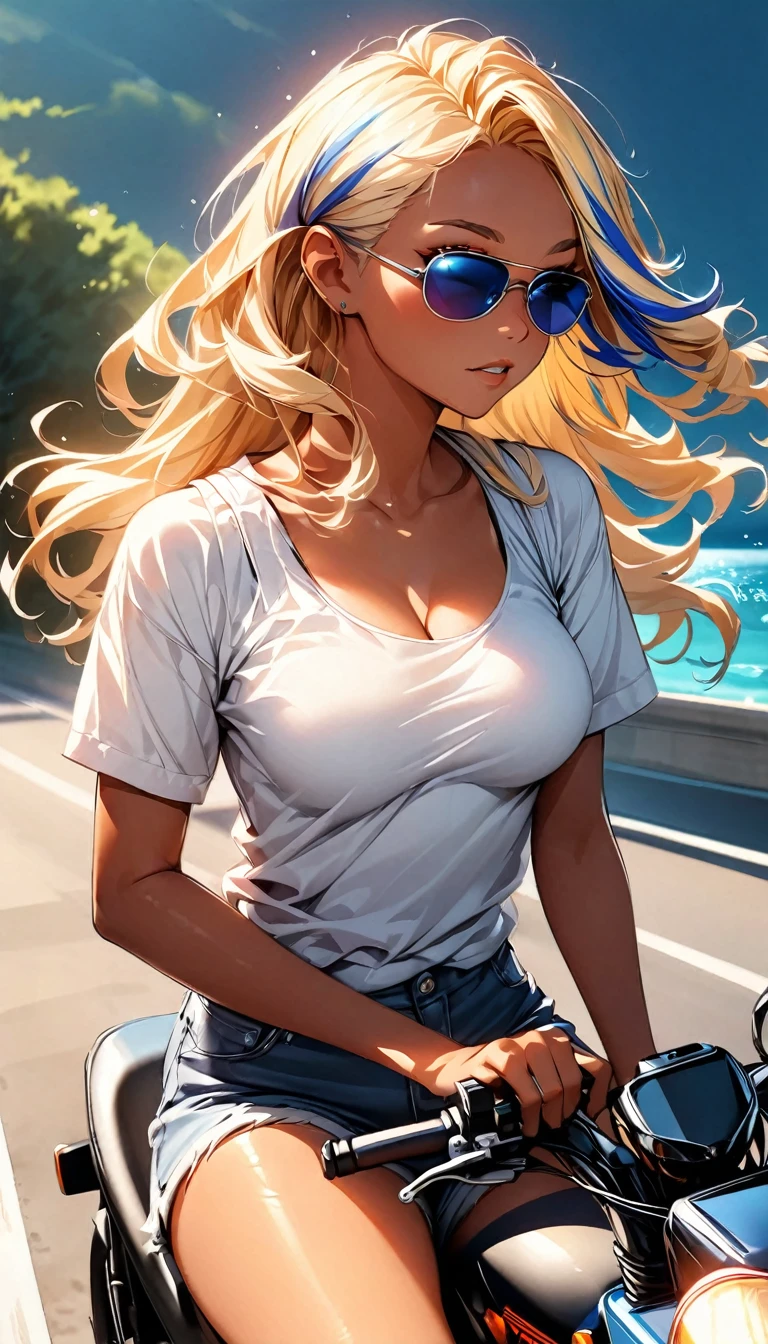 (highest quality:1.2, Very detailed, up to date, Vibrant, Ultra-high resolution, High Contrast, masterpiece:1.2, highest quality, Best aesthetics), Portraiture、girl、slim, Bright colors、Beautiful fine details、Beautiful lip detail、long hair, ((wavy hair:0.4))、messy hair, blonde and blue ((streaked hair:1.3)), highlights hair: 1.3, (medium breast:1), (tan skin:1.3), ((riding a motorcycle along a seaside road in summer:1)), tank top, jeans short pants, riding boots, (wearing sunglasses:1.5),looking ahead