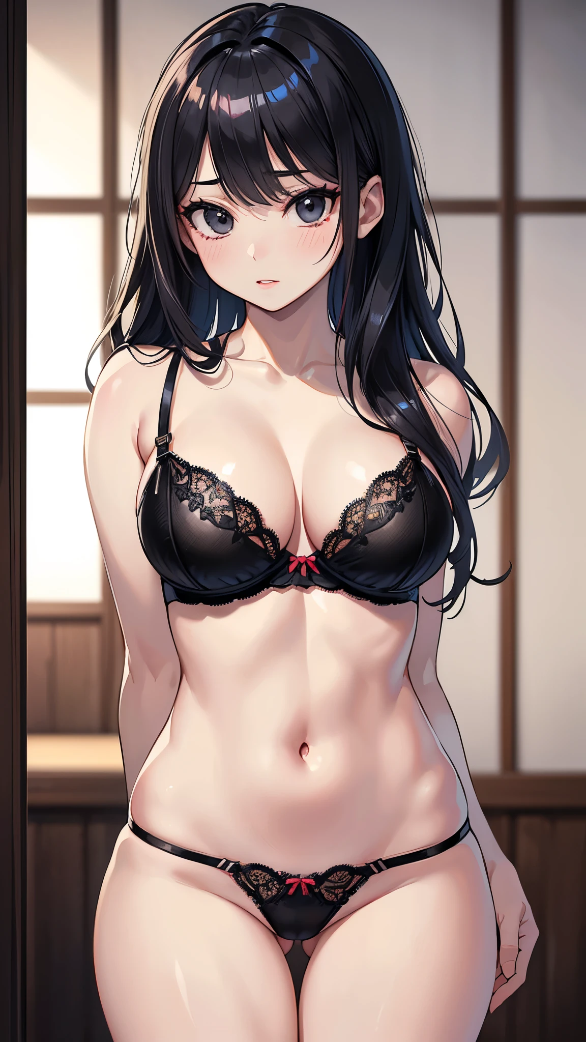 (masterpiece, 最high quality, 超High resolution, Very detailed), (Realistic:1.1, photoRealistic:1.4), Perfect illustration, Perfect lighting,Hair in perfect detail, Perfect and detailed face, Perfect collarbone, Perfect body,Juicy breasts, Perfect Thighs, Beautiful feet, View your viewers, 1 Girl,Perfect Face, (Perfect Anatomy, Anatomically correct), Symmetrical face、((Shiny Hair)),Sexy Body、(masterpiece),(最high quality:1.3),8k,Very clear,(Ultra-realistic),,Captivating woman,(high quality, High resolution, Fine details), Realisticなスタイルの女性,Juicy breasts、One perfect woman、Perfect Face、Symmetrical face、、((Large Breasts))、blush、((Juicy lips))、Cowboy Shot、((Black tied hair))、((Large, double-set black eyes、Long eyelashes))、((Red makeup))、(((Black Lingerie)))、(((Exquisitely designed mesh underwear)))、(((Bra and panties only)))、(indoor、Thin Japanese-style room)