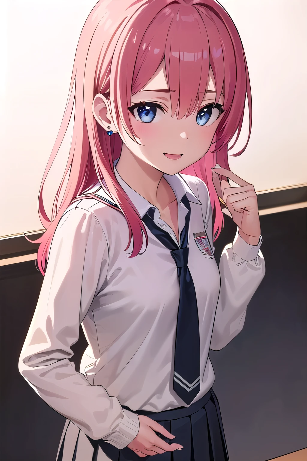 (8K, top-quality, masterpiece:1.2), (reallistic, Photorealsitic:1.37), Super Detail, One girl,), (Highly detailed), (beautifully detailed eyes), (of the highest quality), (super detailed ), (masterpiece), (Detailed face),20yr old, ,1 girl, ((pink hair,long hair)), medium breasts, clothed, Perfect Lighting, BREAK (navy and gray color scheme:1.2), (check pattern:1.2), (school uniform:1.5), (long sleeve blouse:1.4), (V-neck with necktie:1.3), (pleated mini skirt:1.4), (beige skirt:1.2), (black glossy tights:1.2), (black loafers:1.2), (gold stud earrings:1.1), (relaxed fit:1.1), (soft fabric:1.1), BRAKE, (upper body to thighs:1.1), (pink long hair:1.2), (hair over one eye:1.2), (waves:1.1), (bright smile:1.2), (facing forward:1.2), (relaxed pose:1.1), (hands on back:1.1), (white background:1.1), (soft lighting:1.1), BRAKE
