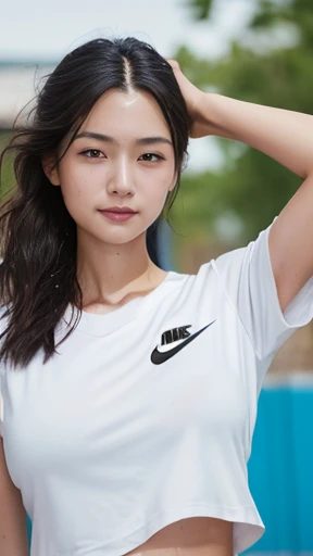 masterpiece, Highest quality, (RAW Photos:1.3), Realistic, Upper body photo, Beautiful adult woman, Age 27, beauty, Long face, long. short wavy black hair, Symmetrical face, Symmetrical eyes, (Old-fashioned smile:1.2), (Sweaty face. Sweaty skin, Nike white t-shirt, Small breasts:1.4), intellectual, A neat and clean female teacher, physical education teacher, Hanging a whistle from the neck, Schoolyard