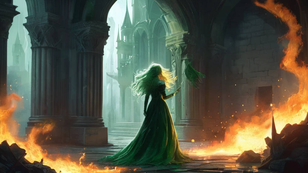 burning hall within a medieval castle, a  with striking green eyes stands amidst the chaos. Flames rage around her, casting flickering, ominous shadows that dance on the stone walls. Her emerald eyes, wide with fear and uncertainty, reflect the fiery inferno consuming the once grand hall. The heat is intense, and the air is thick with smoke, making it difficult to breathe. She clutches a small, tattered doll to her chest, its fabric singed by the encroaching flames. Her simple dress is smudged with soot, and her hair is tousled from the frantic search for safety. Despite the destruction and danger, her presence is a poignant beacon of innocence and vulnerability in a world gone mad.