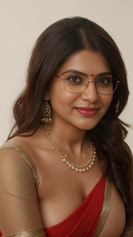 extreme close up photo of naked indian, big cheeks, hourglass figure, curvy, kneel down on all four on table in office, red lips, nerd glasses,big , necklace, sultry, only saree, no blouse,no bra,boob cover with saree,look at viewer and subtle smile, (cinematic:1.3), intricate details, (ArtStation:1.2)