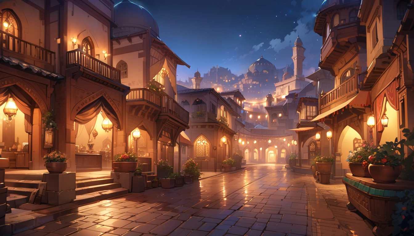 Highest quality,masterpiece,Arabian style town,landscape,No humans,Fantasy,Charming streetscape,Concept Art,Fantasy,night,Mysterious Light