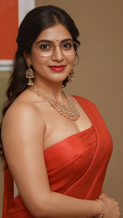 extreme close up photo of naked indian, big cheeks, hourglass figure, curvy, standing in office, red lips, nerd glasses,big , necklace, sultry, only saree, no blouse,no bra, cover with saree, breast cover with saree,look at viewer and subtle smile, (cinematic:1.3), intricate details, (ArtStation:1.2)