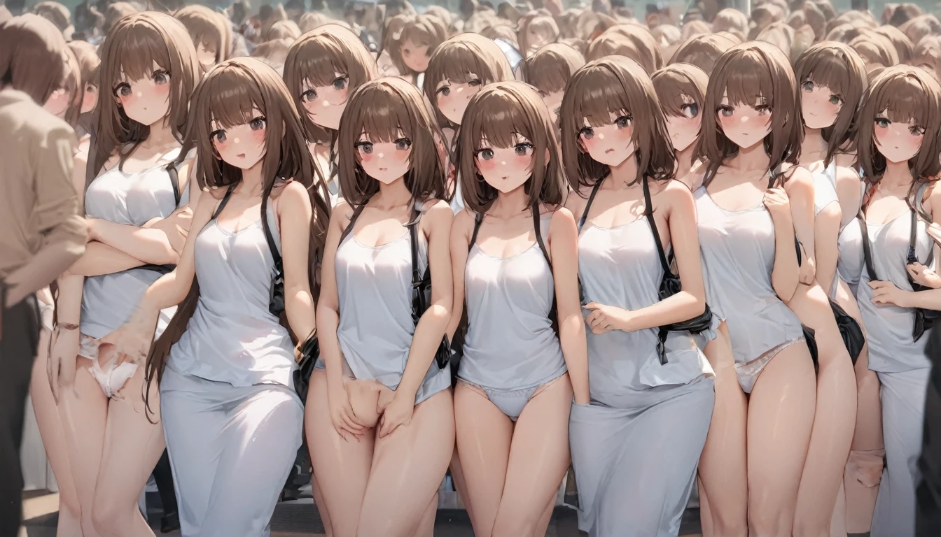 A crowd of clone girls wearing sleeveless white underwears, sleeveless White tank top underwear,sleeveless White camisole underwear, White panties underwear,leather shoes and shoulder bags commuting to work,Everyone in the same underwear,multiple clone girls, 20000+ clone girls,masterpiece,high detailed,best quality,All Girls,Wear only white underwear,brown hair,black eyes,long hair,clone girls