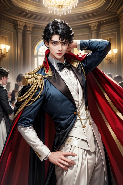 masterpiece, 最high quality, high quality, 1 boy, alone, Male focus, Watching the audience, Messy black hair, Adorable big blue eyes, White, Noble, Noble,Sexy voluminous cape、Tuxedo、A very voluminous, large, very large, very large, long, long red and black cape with a high stand-up collar, reaching down to the floor, made of a lot of fabric., ,Cute beautiful boys,Cute, cute, kind, handsome guy