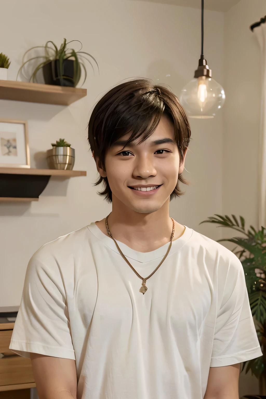 Generate a realistic selfie of a cute Japanese boy. He is around 20-25 years old with short, slightly tousled black hair. He is smiling gently at the camera, giving off a warm and friendly vibe. He is wearing a casual outfit: a light-colored t-shirt (white or pastel color) and a simple pendant necklace. His skin is clear, and his features are soft and youthful. The background is a well-lit, cozy room with some modern decorations, such as a bookshelf or a plant. The image should be bright and clear, capturing a friendly and approachable atmosphere.