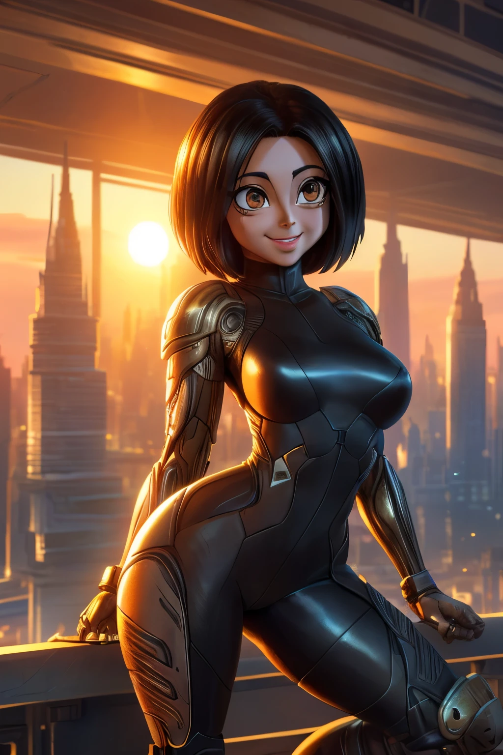 ((ultra quality)), ((Masterpiece artwork)), Alita battle angel, ((blackw, shorth hair)) (Beautiful cute face), (beautiful female lips), enchanting, ((excited expression)), looks at the camera with a gentle smile, eyes are slightly closed, (white skin color), Body shine, ((beautiful detailed female eyes)), ((lightbrown eyes)), (juicy female lips), (beautiful female hands), ((perfect female figure)), perfect female body, beautiful waist, beautiful big thighs, beautiful breasts, ((subtle and beautiful)), he is, (close do rosto), (Alita costume) fund: cyberpunk city, beautiful sunset, ((Depth of field)), ((high quality clear image)), (sharp details), ((highy detailed)), realisitic, professional photo session, ((Focus Clear)), the anime