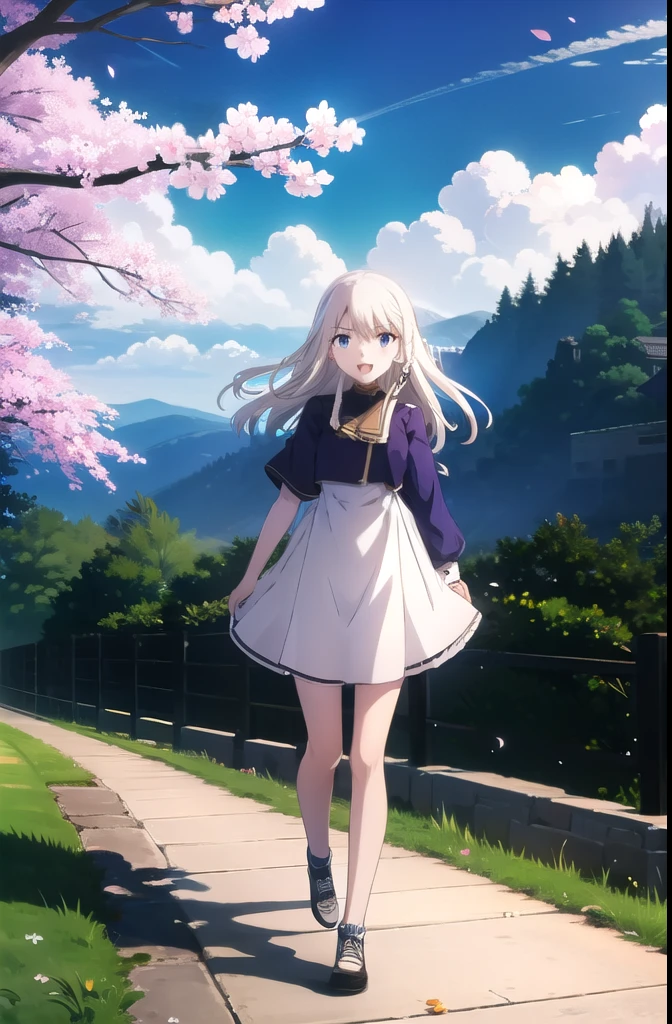 Illyasviel Von Einzbern (masterpiece),  BREAK 1girl,  breezy summer dress,  wavy hair,  floating hair,  smile,  standing, wind ruffling her short hem of her dress (short hem),  open mouth,  light particles,  platinum blonde hair,  deep blue eyes,  looking at viewer,  face focus, BREAK, scenery,  mountainous horizon,  cherry blossoms,  petals,  light particles,  BREAK upper body,  