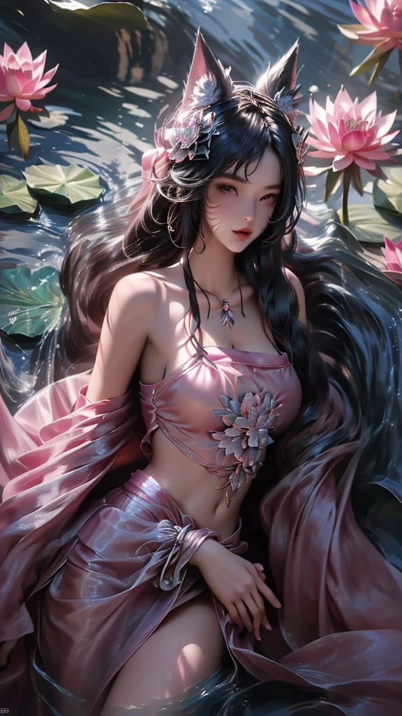 best quality,masterpiece,Ultra-high resolution,(photoactual:1.4),,Sky full of water lilies(background),20 years old ,water lily goddess(Japanese Girls),Long hair with a shawl,cute eyes,Sexy body,Big breasts,Wearing a water lily strapless dress,Lying in a sea of water lilies,The mouth smiles,Thinking,