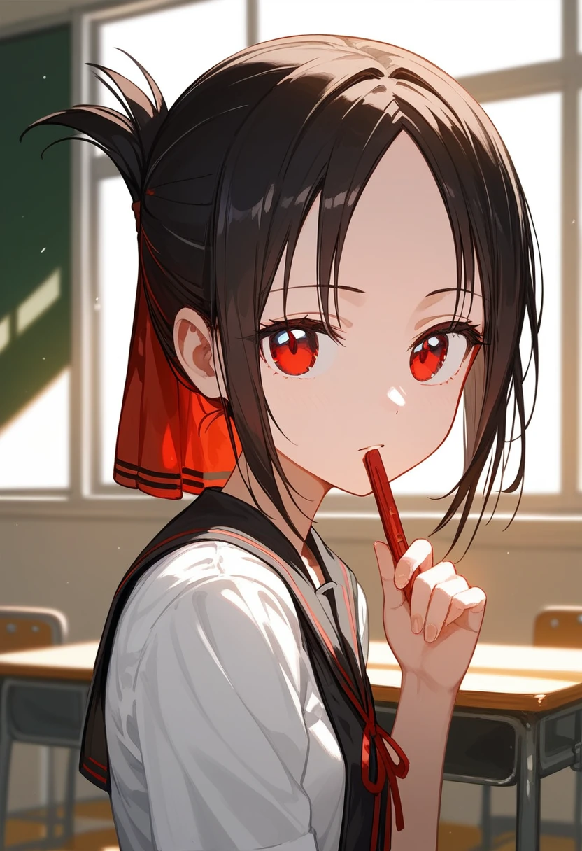 One Girl、Kaguya-shinomiya, kaguya shinomiya, Folded ponytail, amount, hair ribbon, (Red eyes:1.5), red ribbon, ribbon, short hair, Side Lock, (Small breasts:1.2), break looking at viewer, break indoors, classroom, break (masterpiece:1.2), highest qualthaty, High resolution, unthaty 8k wallpaper, (shape:0.8), (Fine and beautiful eyes:1.6), Highly detailed face, Perfect lighting, Highly detailed CG, (Perfect hands, Perfect Anatomy)、Collapse into bed、that&#39;Fallen、A system that allows you to see the face between your legs、Please open your mouth wide、that&#39;Come、Wistful face、Haa、Embarrassed expression(1:2)、Heavy breathing、Sexy Underwear、See-through underwear、(((Legs wide open)))、sthat、Lie down in bed、Red bed