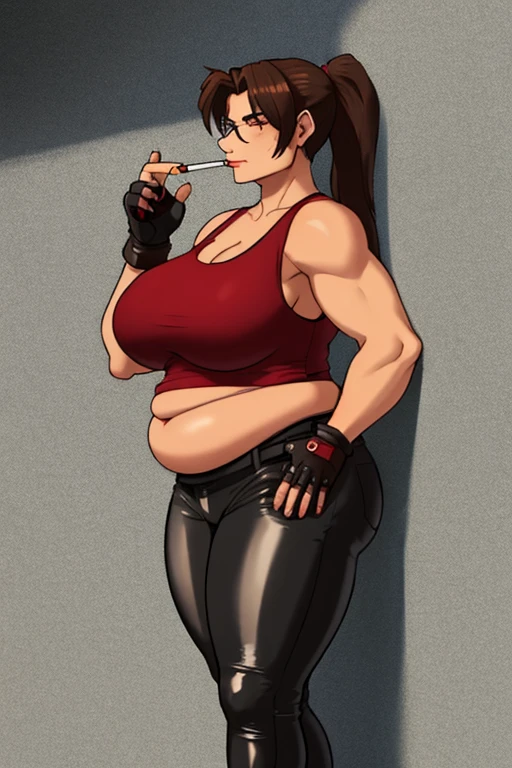 (masterpiece, highest quality:1.2), solo, 1girl, imagine Revy as a plus size milf, 45-year-old, mature woman, covered in tattoo's, plump, chubby figure, round belly, beer gut, love handles, expressionless, looking at viewer, ponytail, (Wearing: red tank top, fingerless gloves, black leather pants), holding a cigarette, city street, standing, leaning up against a wall