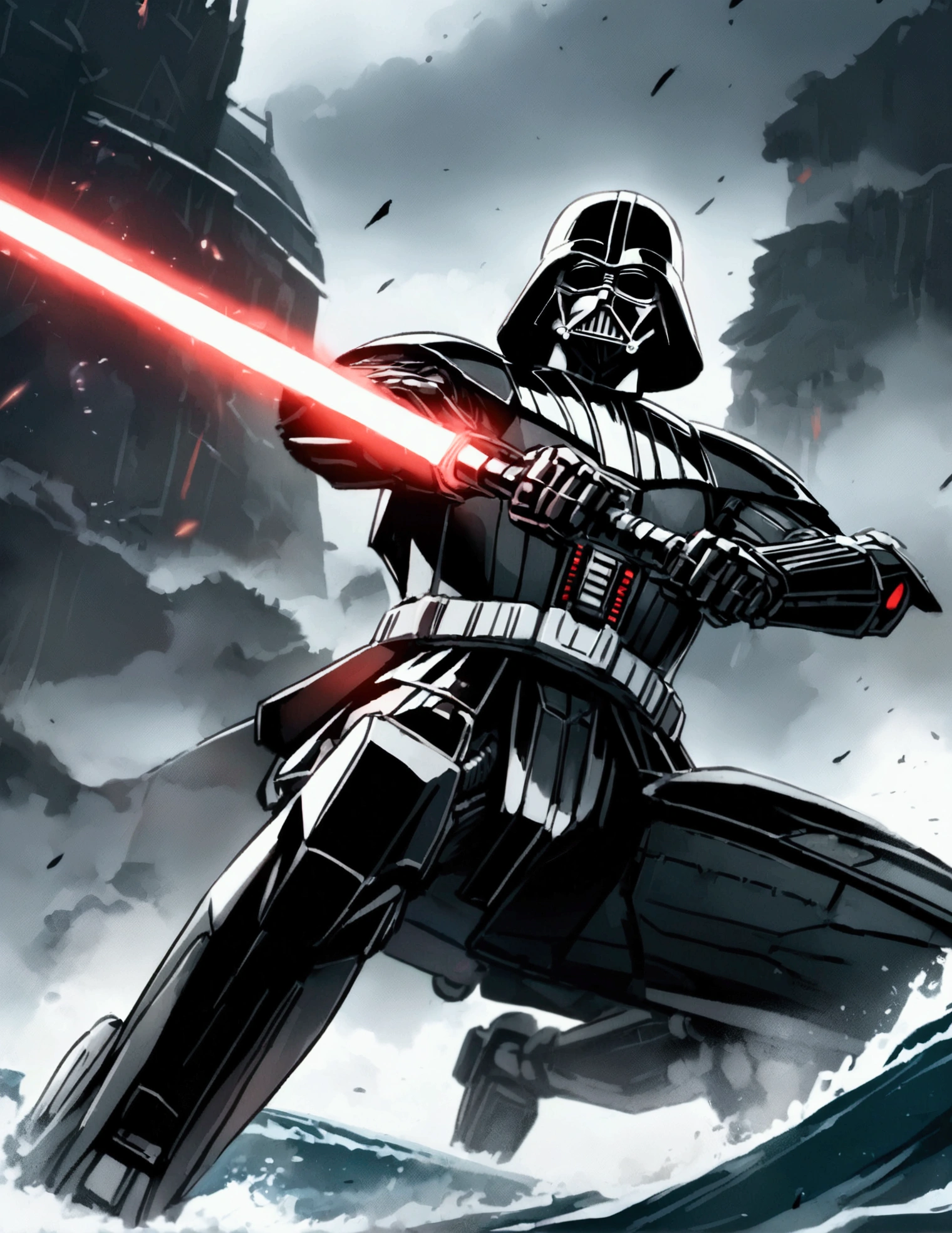 (Star Wars) Darth Vader is riding a mechanized combat surfboard, choppy waves, battle stance with 1 lightsaber lit, stormy skies