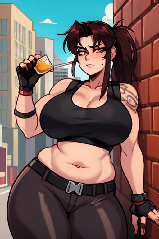 (masterpiece, highest quality:1.2), solo, 1girl, imagine Revy as a plus size milf, 45-year-old, mature woman, covered in tattoo's, plump, chubby figure, round belly, beer gut, love handles, expressionless, looking at viewer, ponytail, (Wearing: red tank top, fingerless gloves, black leather pants), holding a cigarette, city street, standing, leaning up against a wall
