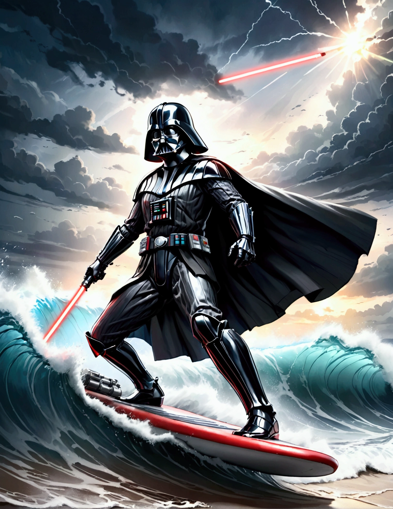 (Star Wars) Darth Vader is riding a mechanized combat surfboard, choppy waves, battle stance with 1 lightsaber lit, stormy skies
