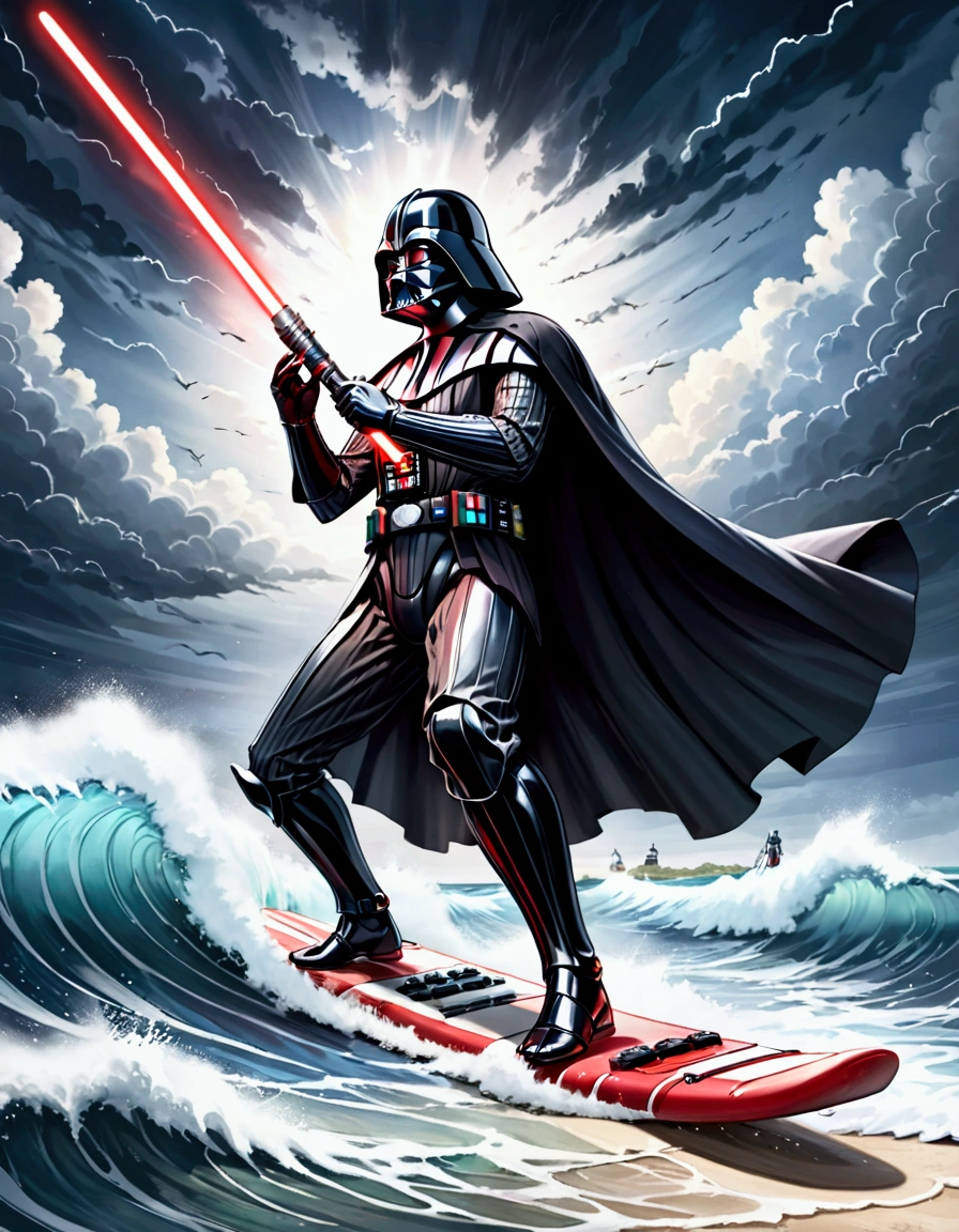 (Star Wars) Darth Vader is riding a mechanized combat surfboard, choppy waves, battle stance with 1 lightsaber lit, stormy skies