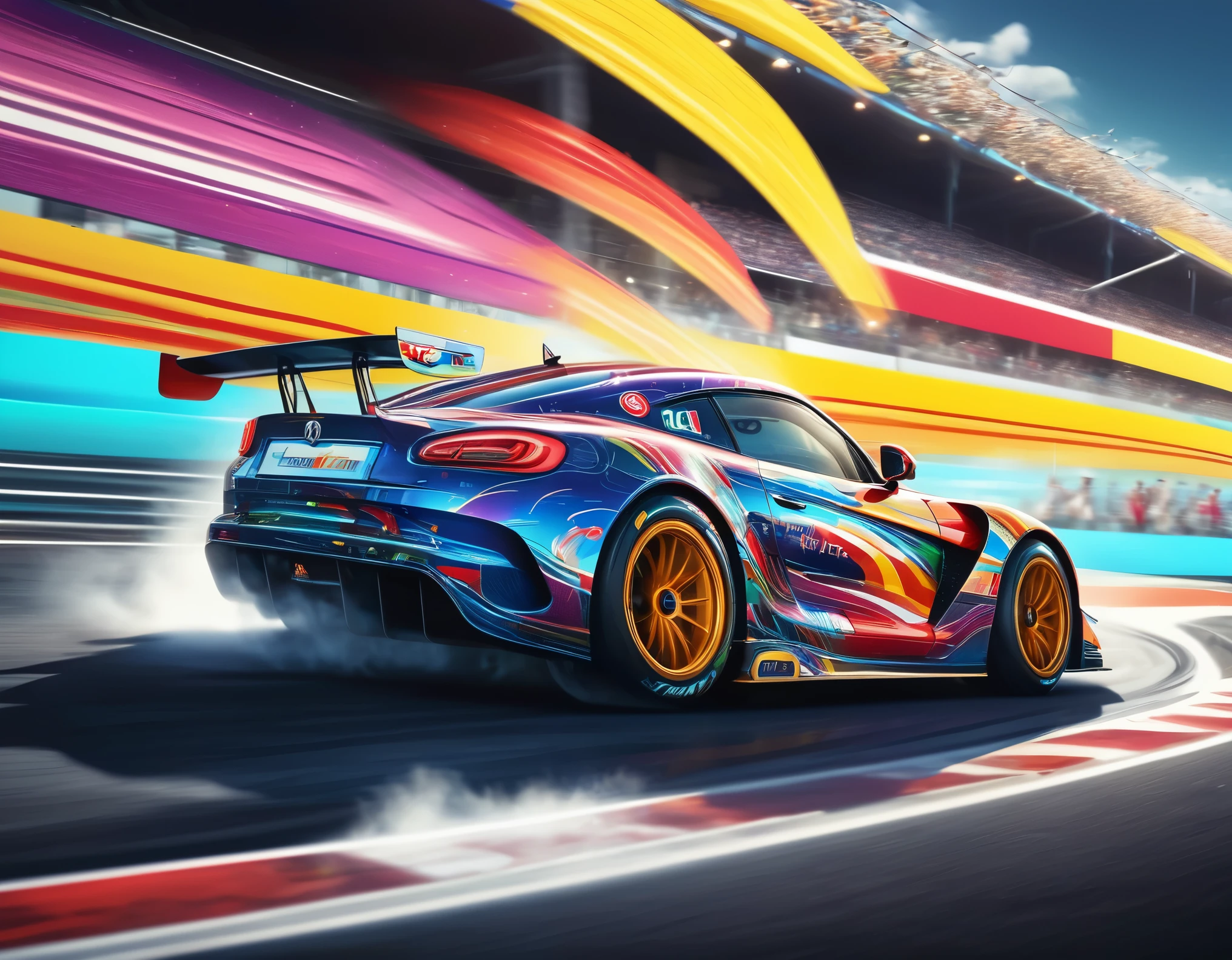 Capture the thrilling moments of a sophisticated racing car racing through a vibrant circuit field. Each line and curve of the car's aerodynamic body is meticulously rendered with photorealistic detail. The circuit field is It comes alive with rich contrasting colors and casts long, dynamic shadows over the track. When you focus on the shiny metallic car body, the metallic light reflects coldly, creating an exhilarating sense of speed. The realistic masterpiece of the wind blowing through the circuit field is a top-notch masterpiece that is a must-see for race fans.,rich colors,rendering,Cast a colorful spell,beautiful halation effect,multiple racing cars,structurally correct,colorful,cool,Highest,masterpiece,Highest quality