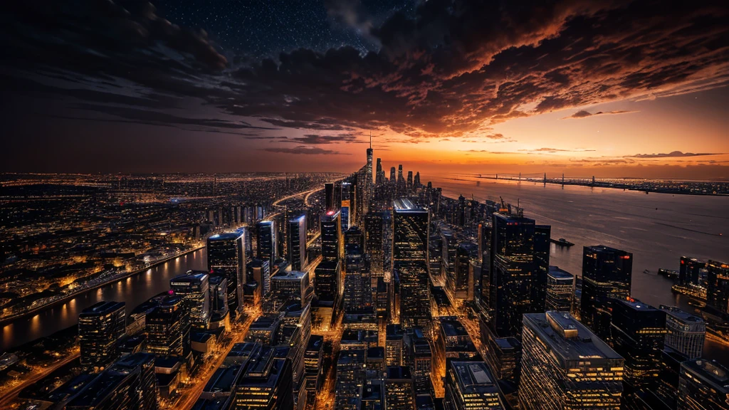 Masterpiece, best quality, a dramatic cityscape with towering skyscrapers, dark ambiance, an orange sky at sunset with a glowing horizon, a powerful tsunami wave approaching the city, and a night scene with stars beginning to emerge, creating a dynamic blend of twilight and nighttime.