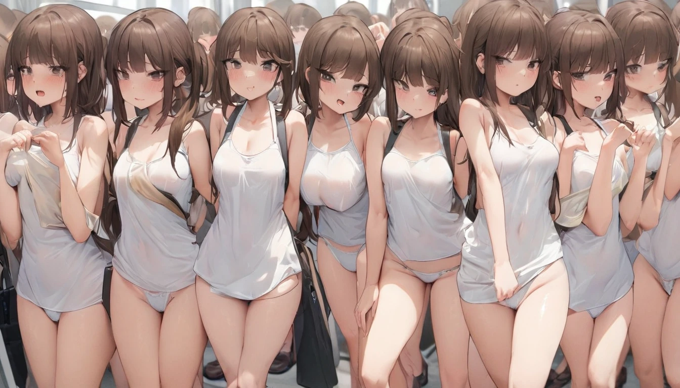 A crowd of clone girls wearing sleeveless white underwears, sleeveless White tank top underwear,sleeveless White camisole underwear, White panties underwear,leather shoes and shoulder bags commuting to work,Everyone in the same underwear,multiple clone girls, 20000+ clone girls,masterpiece,high detailed,best quality,All Girls,Wear only white underwear,brown hair,black eyes,long hair,clone girls