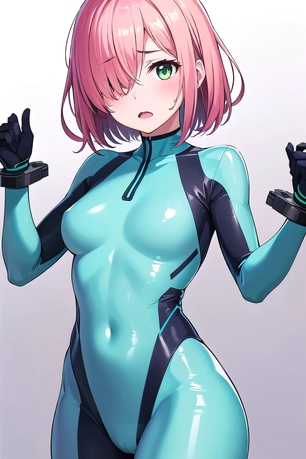 1girl,Samus aran,solo,green eyes, pink hair,white zero suit,white body suit,purple stripes,cowboy shot,blush,,Science fiction,ultra-detailed,sharp focus,aesthetic,(best quality), white background, (open mouth:1.2), , (hair over one eye:1.2),