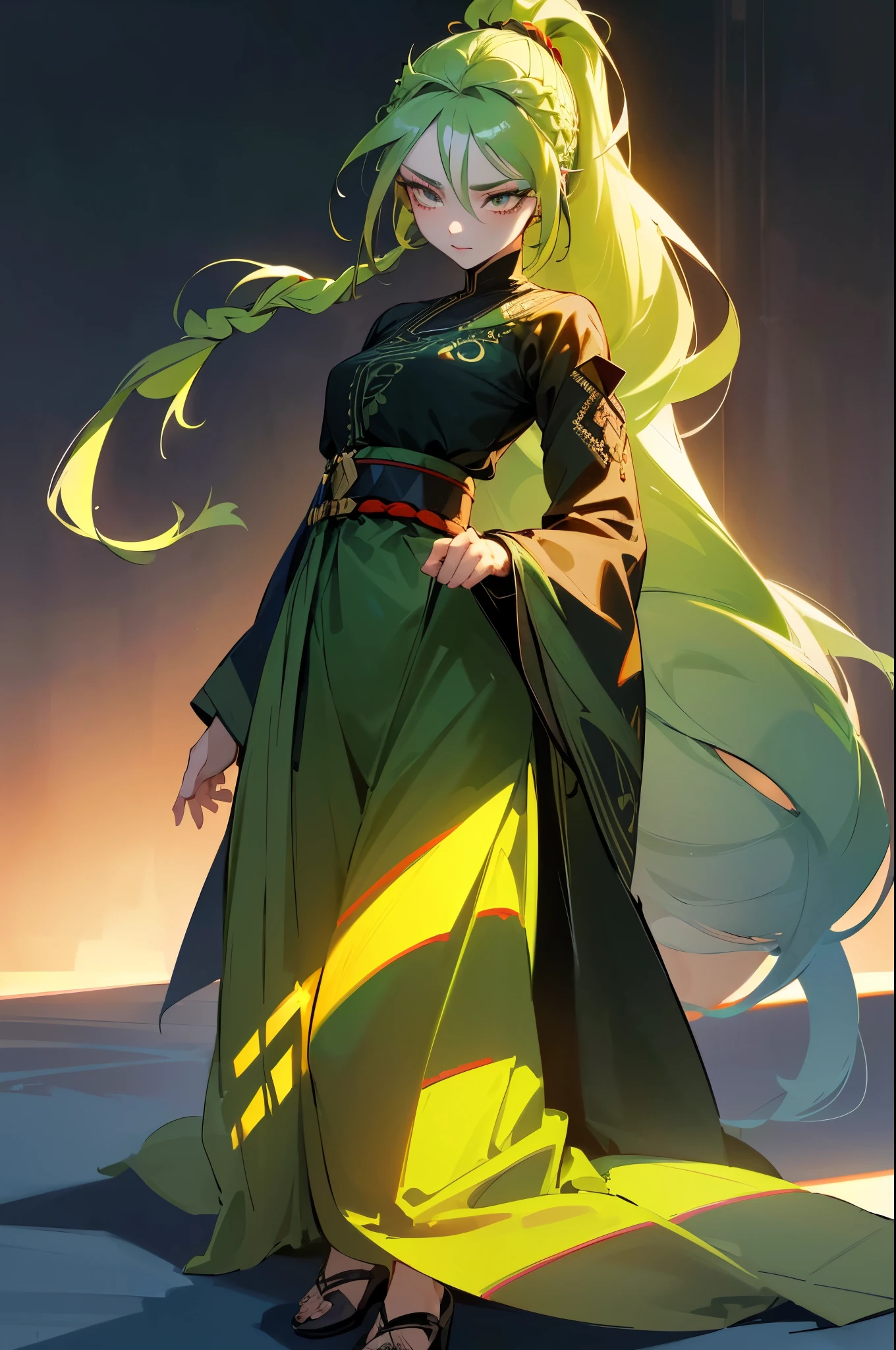 Girl1,(green long hair,Braided ponytail hairstyle, white eyes,Long eyelashes),(red eye shadow),full body, (green Arabic abaya dress, blue waist belt),(Highly detailed CG,module,8K wallpapers)،(Highest quality, high resolution, beautiful lighting, realistic shadow, high resolution)،(Detailed skin, highly detailed, detailed faces and eyes, realistic eyes)