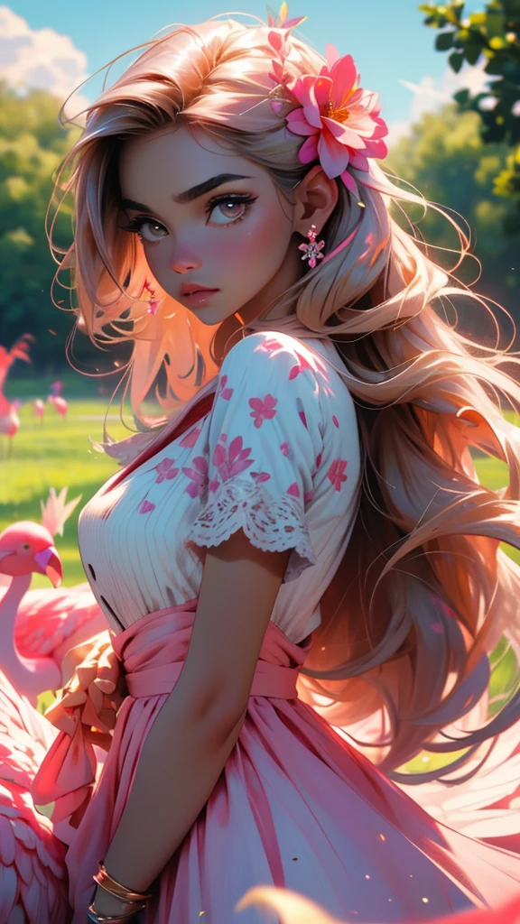 a beautiful girl with long brown hair, a pink dress, standing in a field of pink flamingos, (best quality,4k,8k,highres,masterpiece:1.2),ultra-detailed,(realistic,photorealistic,photo-realistic:1.37),detailed eyes, detailed lips, extremely detailed face, longeyelashes,(Melhor Qualidade, Obra-Prima), 1 garota, pose, Óculos, Vento, Flor, Parte completa do Corpo, Esquema de Cores Branco e Rosa, Fundo Simples, Olhe para o Espectador