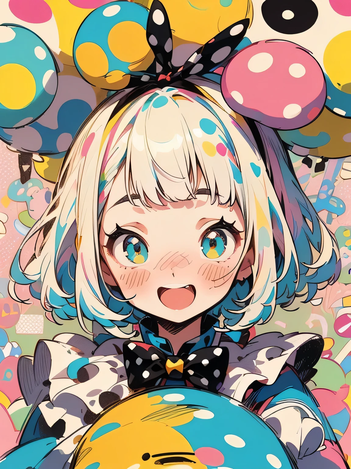 from above:1.3,((Alice in Wonderland:1.3)),rainbow color hair,thin pixie cut,blunt bangs,((A vibrant and lively background:1.2)),(Pop and cute black polka dot pattern:1.45)),((You are the main character！:1.2)),((Beautiful images:1.15)),((high quality:1.15)),((Perfect graphics:1.15)),(girl、Lady:1.2),Big smile,(blush、Embarrassed laugh:1.25),(white、pink、cream、black、yellow)
