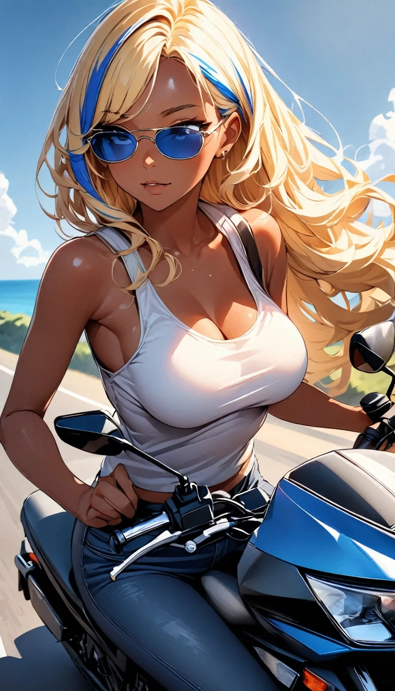 (highest quality:1.2, Very detailed, up to date, Vibrant, Ultra-high resolution, High Contrast, masterpiece:1.2, highest quality, Best aesthetics), Portraiture、girl、slim, Bright colors、Beautiful fine details、Beautiful lip detail、long hair, ((wavy hair:0.4))、messy hair, blonde and blue ((streaked hair:1.3)), highlights hair: 1.3, (medium breast:1), (tan skin:1.3), ((riding a motorcycle along a seaside road in summer:1)), tank top, jeans short pants, riding boots, (wearing sunglasses:1.5),looking ahead