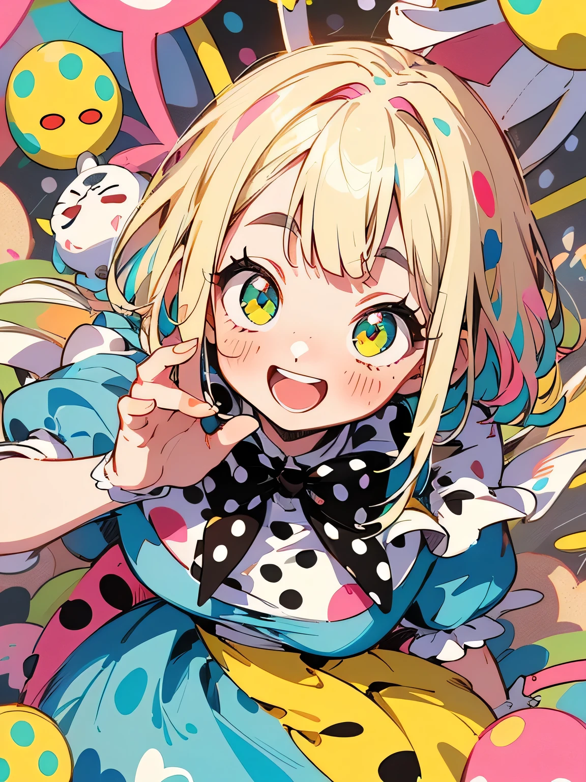 from above:1.3,((Alice in Wonderland:1.3)),rainbow color hair,thin pixie cut,blunt bangs,((A vibrant and lively background:1.2)),(Pop and cute black polka dot pattern:1.45)),((You are the main character！:1.2)),((Beautiful images:1.15)),((high quality:1.15)),((Perfect graphics:1.15)),(girl、Lady:1.2),Big smile,(blush、Embarrassed laugh:1.25),(white、pink、cream、black、yellow)