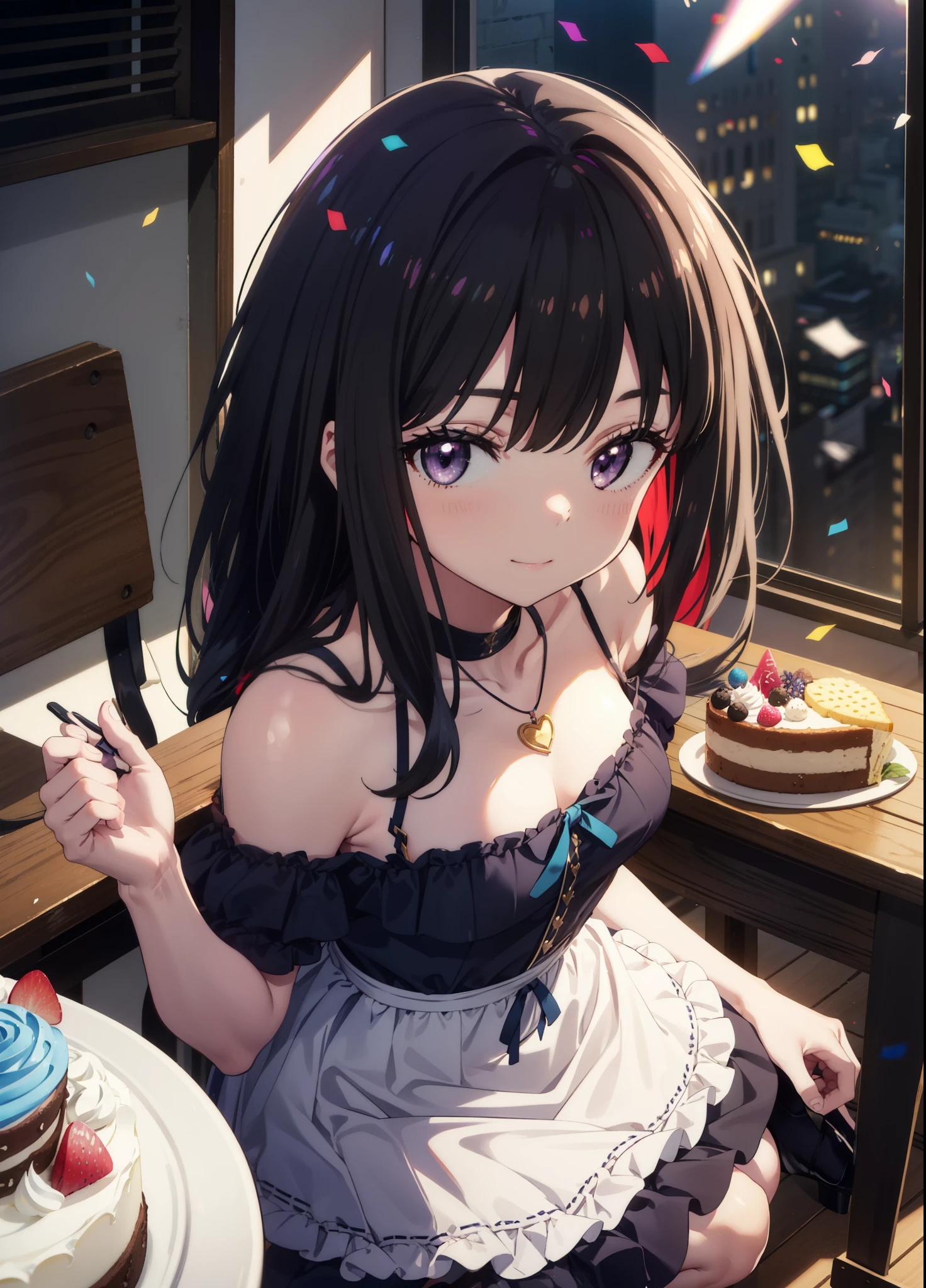 Takiuchikami, Long Hair, bangs, Black Hair, (Purple eyes:1.2),
smile,blush,Please open your mouth wide,Blue off-shoulder dress,Bare shoulders,bare clavicle,Bare neck,Heart Necklace,Short sleeve,Long skirt,Stiletto heels,There is a round birthday cake on the desk.,Confetti,cracker,whole bodyがイラストに入るように,
break indoors,  venue,
break looking at viewer, whole body, 
break (masterpiece:1.2), Highest quality, High resolution, unity 8k wallpaper, (shape:0.8), (Beautiful attention to detail:1.6), Highly detailed face, Perfect lighting, Extremely detailed CG, (Perfect hands, Perfect Anatomy),