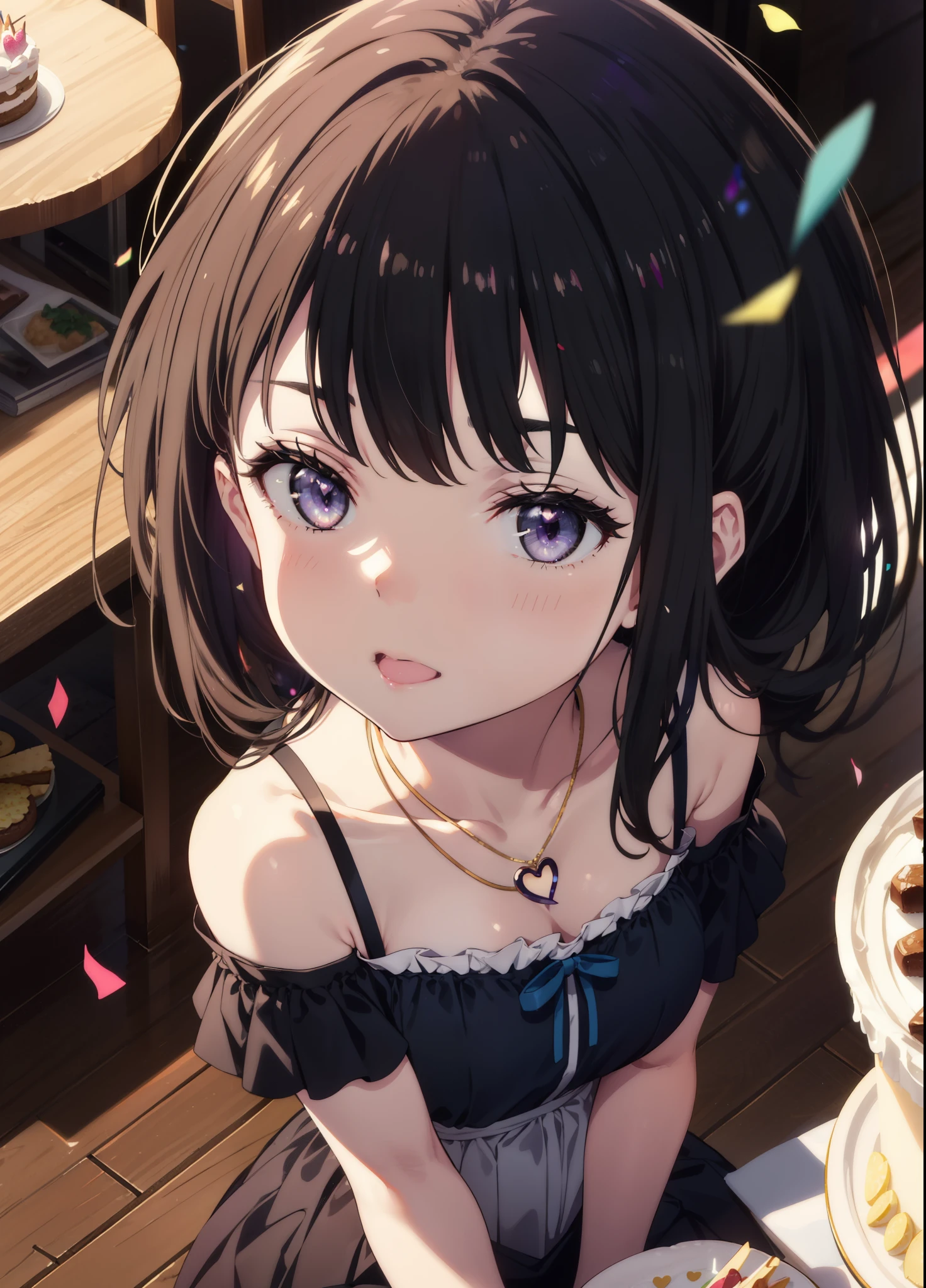Takiuchikami, Long Hair, bangs, Black Hair, (Purple eyes:1.2),
smile,blush,Please open your mouth wide,Blue off-shoulder dress,Bare shoulders,bare clavicle,Bare neck,Heart Necklace,Short sleeve,Long skirt,Stiletto heels,There is a round birthday cake on the desk.,Confetti,cracker,whole bodyがイラストに入るように,
break indoors, venue,
break looking at viewer, whole body,
break (masterpiece:1.2), Highest quality, High resolution, unity 8k wallpaper, (shape:0.8), (Beautiful attention to detail:1.6), Highly detailed face, Perfect lighting, Extremely detailed CG, (Perfect hands, Perfect Anatomy),