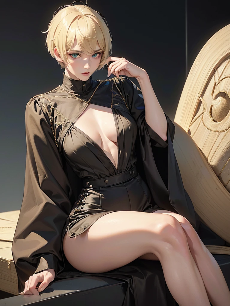 (absurdres, highres, ultra detailed), detailed face, perfect face, perfect lines, perfect eyes, enlarged textures, detailed eyes, 1woman, 1man, (beautiful, mature woman, (( blond hair)), green eye, ((pixie cut)),((parted bangs)),25 years old, slender body, Bullish gaze), ((messy hair, (black hair's guy), slant eyes, A man in his 20s with a cool expression, Handsome, tall muscular guy, broad shoulders guy), A woman is sitting on a man's lap, A man is smelling a woman's hair, Couple, romantic, sweet, romantic scenery, Cinema Lighting, Cinematic landscape, romantic, Soft Light, wallpaper, Expanding Landscape, smile, looking away