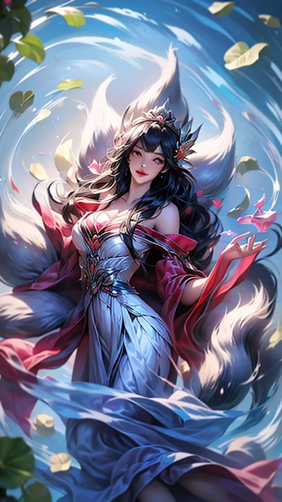 best quality,masterpiece,Ultra-high resolution,(photoactual:1.4),,Sky full of water lilies(background),20 years old ,water lily goddess(Japanese Girls),Long hair with a shawl,cute eyes,Sexy body,Big breasts,Wearing a water lily strapless dress,Lying in a sea of water lilies,The mouth smiles,Thinking,