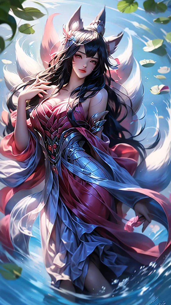 best quality,masterpiece,Ultra-high resolution,(photoactual:1.4),,Sky full of water lilies（background）,20 years old ,water lily goddess（Japanese Girls）,Long hair with a shawl,cute eyes,Sexy body,Big breasts,Wearing a water lily strapless dress,Lying in a sea of water lilies,The mouth smiles,Thinking,