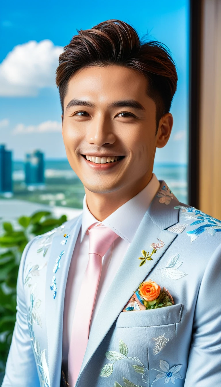 Close-up of an extremely handsome young man. His eyes are filled with happiness and desire. The setting is a modern, luxurious office. He is wearing a business suit, embroidered with flowers and leaves, with delicate, eye-catching patterns. The view of the sky through the window is clear blue, with white clouds drifting gently, as beautiful as a fairyland. The photo conveys a strong sense of desire for a modern, civilized urban development opportunity, ((laughs))