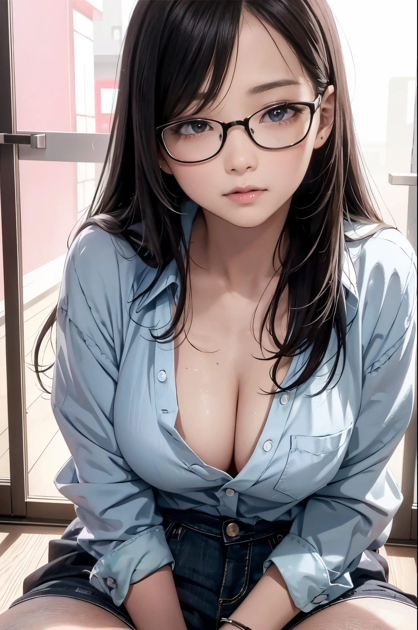 A woman sitting on the floor with her legs crossed wearing glasses, Japanese Model,,Illuminated by pink and blue neon lights、Vulgar Light、 Pink Shirt、Gloss、Wearing square glasses, Young Sensual Gravure Idol, Genuine young gravure idol, Without glasses,  I wear glasses, Provocative,((Beautiful Skin)),((Skin Texture)),((Real Touch)), Big Breasts, unreddish skin, , nsfw