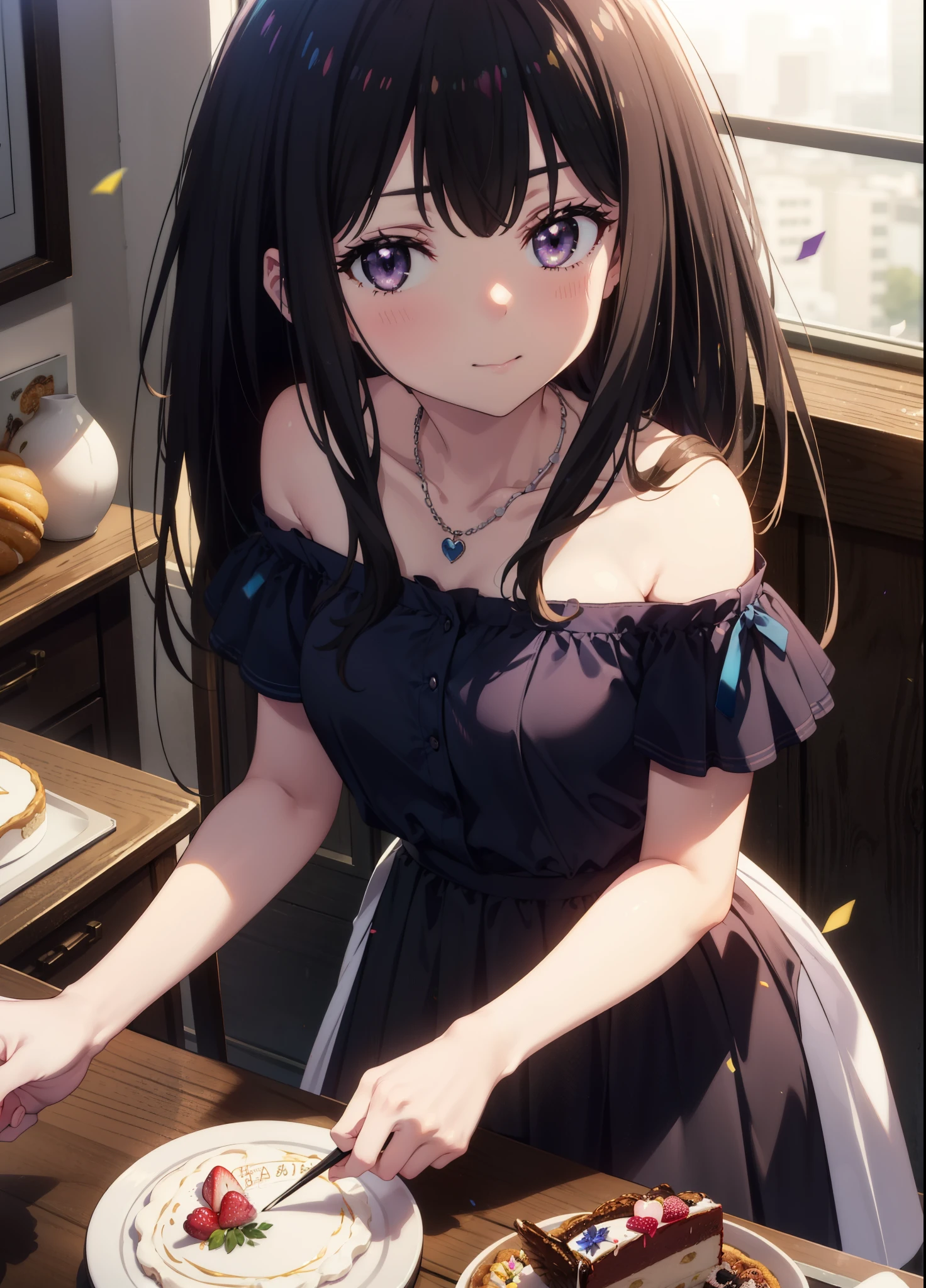 Takiuchikami, Long Hair, bangs, Black Hair, (Purple eyes:1.2),
smile,blush,Please open your mouth wide,Blue off-shoulder dress,Bare shoulders,bare clavicle,Bare neck,Heart Necklace,Short sleeve,Long skirt,Stiletto heels,There is a round birthday cake on the desk.,Confetti,cracker,whole bodyがイラストに入るように,
break indoors, venue,
break looking at viewer, whole body, (Cowboy Shot:1. 5),
break (masterpiece:1.2), Highest quality, High resolution, unity 8k wallpaper, (shape:0.8), (Beautiful attention to detail:1.6), Highly detailed face, Perfect lighting, Extremely detailed CG, (Perfect hands, Perfect Anatomy),